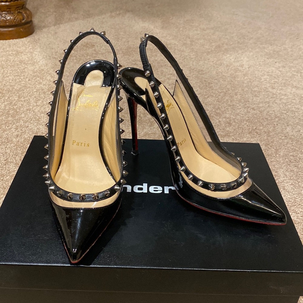 Christian LOUBOUTIN black silver spike sling back heels pumps shoes slides $890!